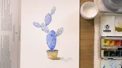 آموزش گام به گام نقاشی با آبرنگ - گلدان کاکتوس