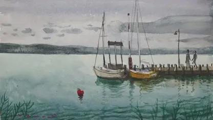 آموزش گام به گام نقاشی با آبرنگ - شناور قرمز در دریاچه بالاتون