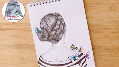 آموزش طراحی با مداد برای مبتدیان - پشت سر دختر با پروانه