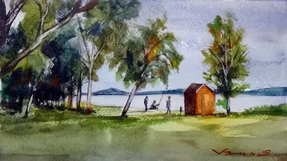آموزش گام به گام نقاشی با آبرنگ با تکنیک ساده - دریاچه در پاییز