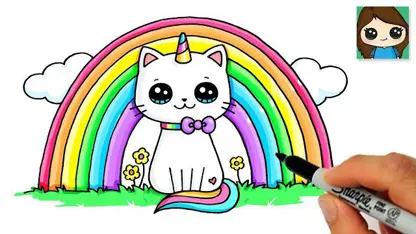 آموزش نقاشی به کودکان - گربه تکشاخ با رنگ آمیزی