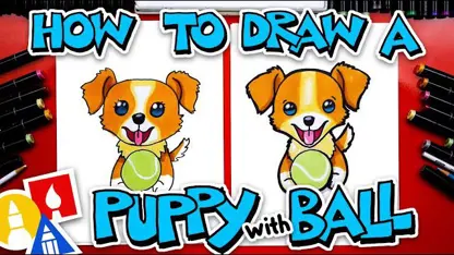 آموزش نقاشی به کودکان - یک توله سگ با توپ با رنگ امیزی