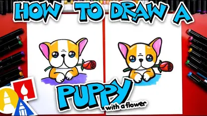آموزش نقاشی به کودکان - ترسیم توله سگ با یک گل با رنگ آمیزی