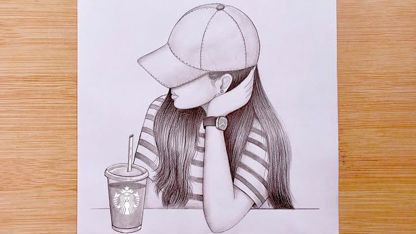 آموزش طراحی با مداد برای مبتدیان - یک دختر را با قهوه سرد استارباکس