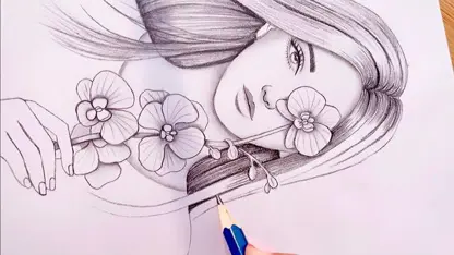 آموزش طراحی با مداد برای مبتدیان - دختر با گل