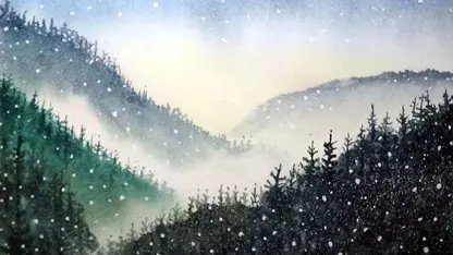 آموزش گام به گام نقاشی با آبرنگ - منظره باریدن برف