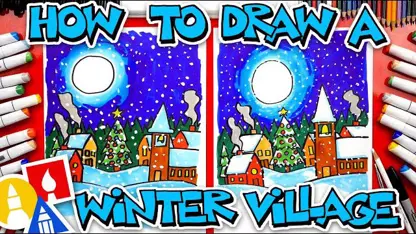 آموزش نقاشی به کودکان - دهکده زمستانی با رنگ آمیزی