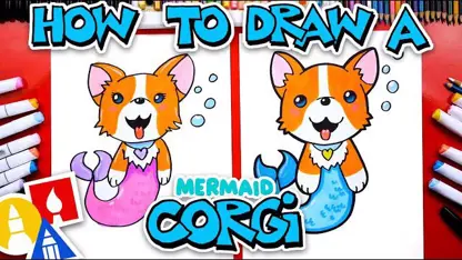 آموزش نقاشی به کودکان - پری دریایی کورگی با رنگ آمیزی