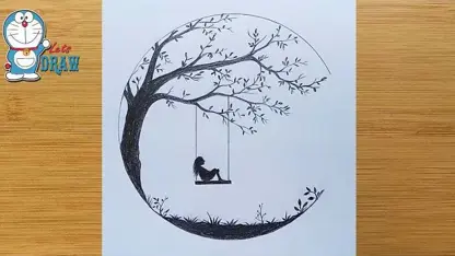 آموزش گام به گام نقاشی زیبا و آسان " دختر تنها زیر درخت"