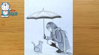 اموزش طراحی با مداد "دختر با گربه در باران "