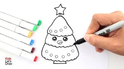 آموزش نقاشی به کودکان - درخت کریسمس kawaii با رنگ امیزی
