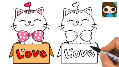 آموزش نقاشی به کودکان - بچه گربه برای ولنتاین با رنگ آمیزی