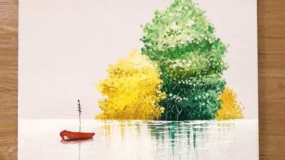 آموزش گام به گام نقاشی با تکنیک آسان - قایق قرمز و درخت
