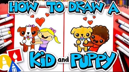 آموزش نقاشی به کودکان - آغوش توله سگ با رنگ آمیزی