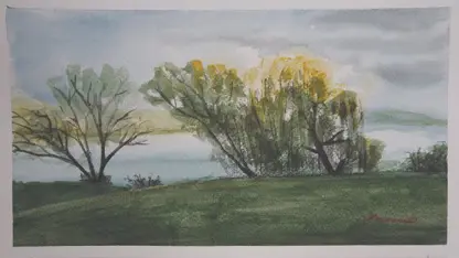 آموزش گام به گام نقاشی با آبرنگ - درختان کنار دریاچه