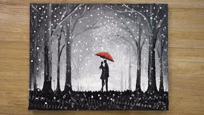 آموزش نقاشی یک تابلو زیبا " زوج و چتر قرمز"
