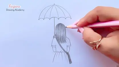 آموزش طراحی با مداد برای مبتدیان - دختری با چتر در مدرسه
