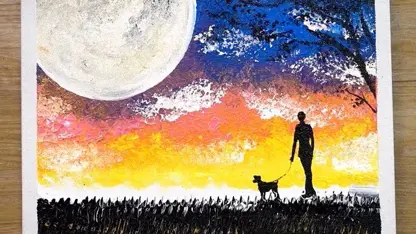 آموزش نقاشی با تکنیک آسان و راحت " قدم زدن زیر نور ماه"