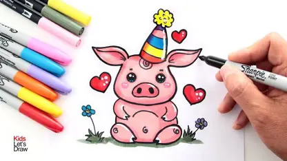 آموزش نقاشی به کودکان - خوک تولدت مبارک با رنگ آمیزی