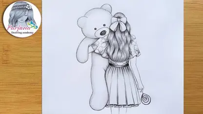آموزش طراحی با مداد برای مبتدیان - دختر با خرس عروسکیش