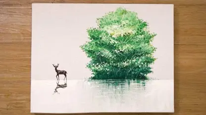 آموزش گام به گام نقاشی با رنگ اکرلیک - درخت و گوزن