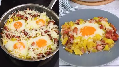 طرز تهیه خوراک تخم مرغ با سیب زمینی و بیکن در یک تابه