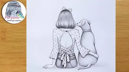 آموزش طراحی با مداد با داستان - دختری با سگش نشسته است