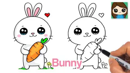 آموزش نقاشی به کودکان - خرگوش هویج به دست با رنگ آمیزی