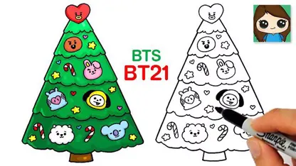 آموزش نقاشی به کودکان - درخت کریسمس bts bt21 با رنگ آمیزی
