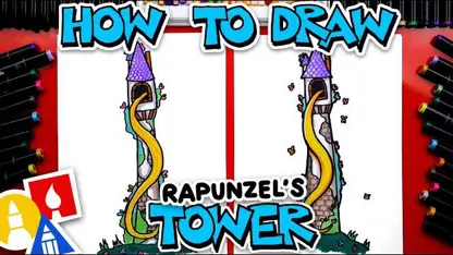 آموزش نقاشی به کودکان - ترسیم برج راپونزل با رنگ آمیزی