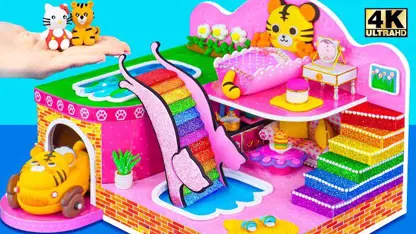 کاردستی با کارتون برای کودکان - خانه گربه ببری با سرسره رنگین کمان