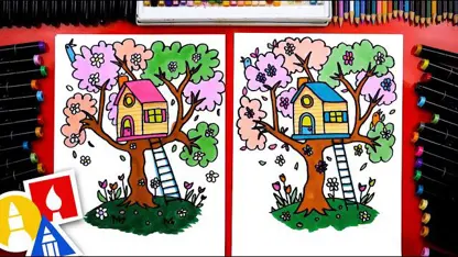 آموزش نقاشی به کودکان - خانه درختی بهاری با رنگ آمیزی