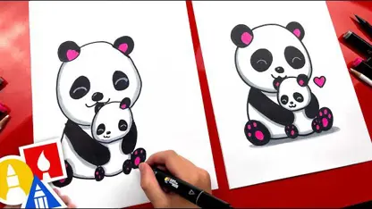 آموزش نقاشی به کودکان - مادر و بچه پاندا با رنگ آمیزی
