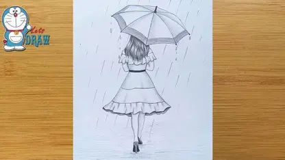 اموزش گام به گام طراحی با مداد " دختر با چتر "