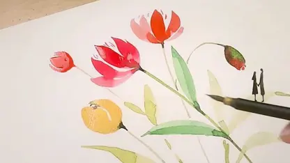 آموزش نقاشی با آبرنگ برای مبتدیان - زوج عاشق در کنار گل