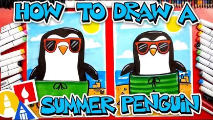 نقاشی کودکانه - پنگوئن تابستانی با رنگ آمیزی