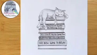 آموزش طراحی با مداد برای مبتدیان - گربه خوابیده روی کتابها