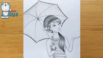 گام طراحی با مداد دختر با چتر