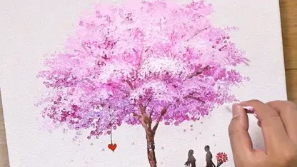 آموزش گام به گم نقاشی با تکنیک آسان" درخت با شکوفه صورتی "