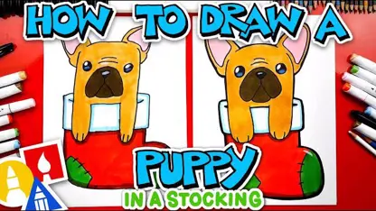 آموزش نقاشی به کودکان - توله سگ در جوراب ساق با رنگ آمیزی