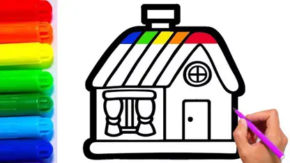 آموزش نقاشی به کودکان - خانه رنگین کمان با رنگ آمیزی