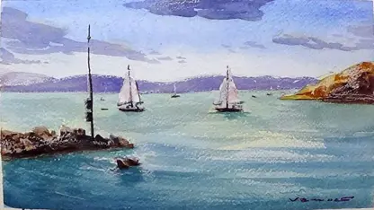 آموزش آسان نقاشی با آبرنگ - دو قایق بادبانی