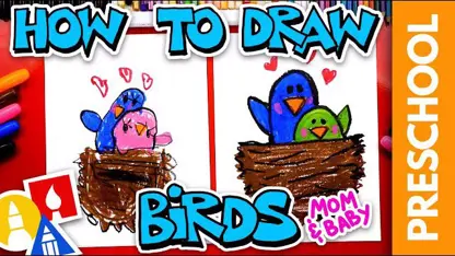 آموزش نقاشی به کودکان - پرنده مادر و کودک با رنگ آمیزی