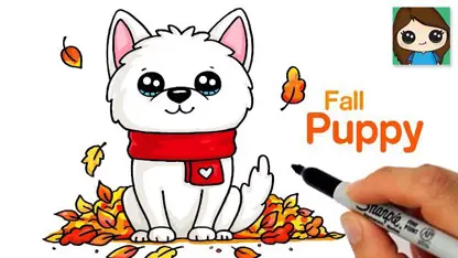 آموزش نقاشی به کودکان - یک سگ توله سگ پاییزی با رنگ آمیزی