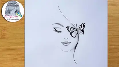 آموزش طراحی با مداد برای مبتدیان - نشستن پروانه روی صورت دختر