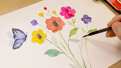 آموزش نقاشی با آبرنگ برای مبتدیان - گل و پروانه