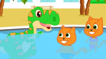 کارتون خانواده گربه با داستان - شنای دایناسور در استخر