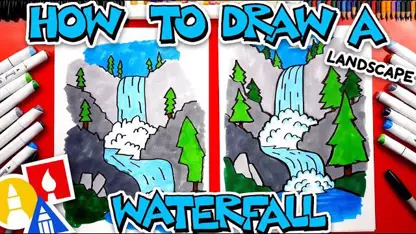 نحوه رسم منظره آبشار با آموزش به همراه رنگ آمیزی