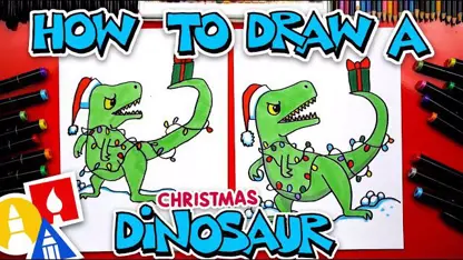 آموزش نقاشی به کودکان - یک دایناسور کریسمس با رنگ آمیزی