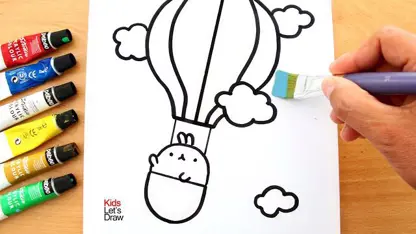 آموزش نقاشی به کودکان - بالن رنگی با خرگوش با رنگ آمیزی